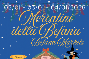 Locandina mercatini della Befana che si terranno dal 2 al 4 gennaio 2026 a Sauze d'Oulx in Piazza Assietta e piazzetta Genevris