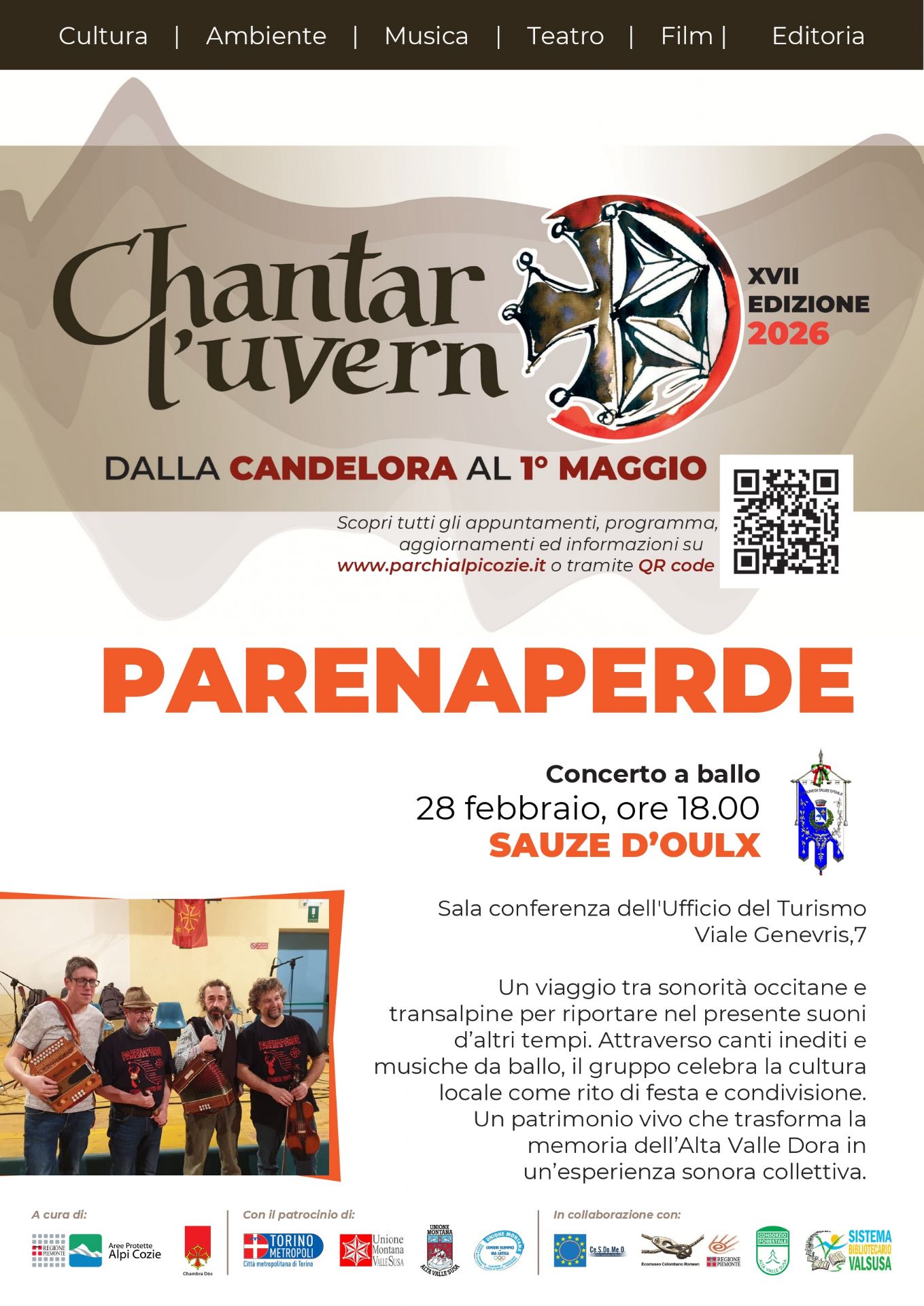 Locandina dell'evento di concerto e ballo dei Parenaperde che si terrà il 28 febbraio alle ore 18.00