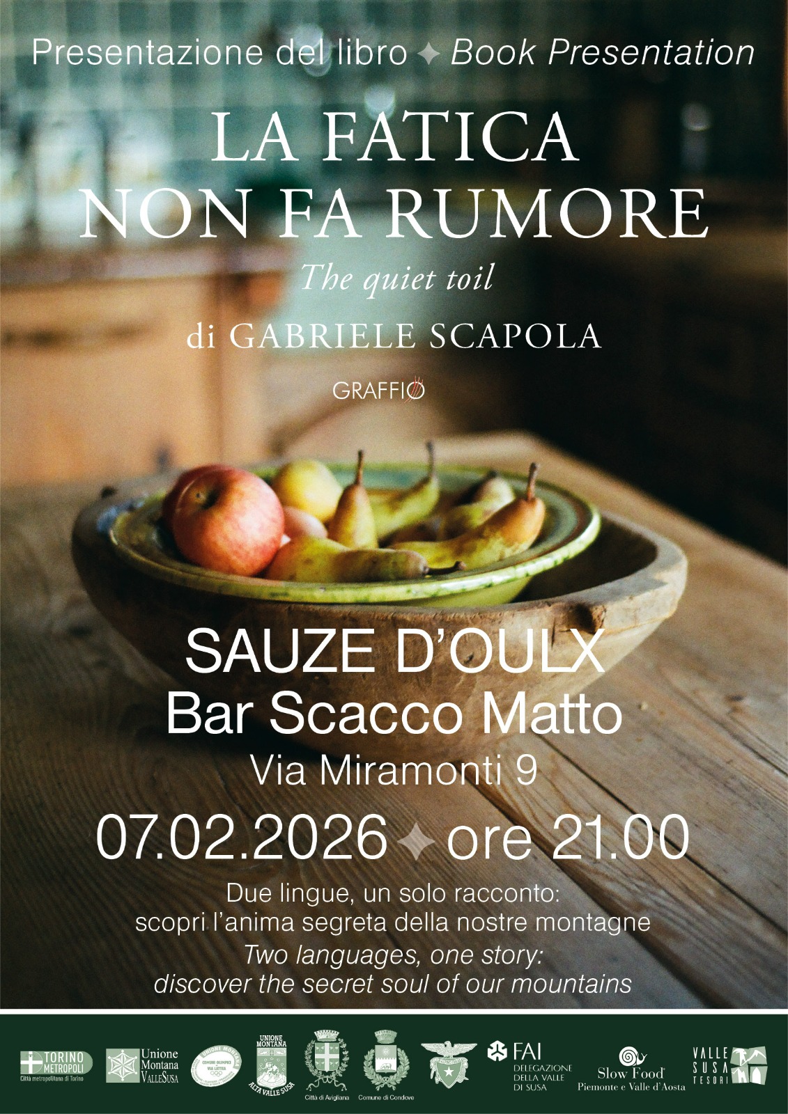 Locandina presentazione libro con una ciotola di frutta al centro