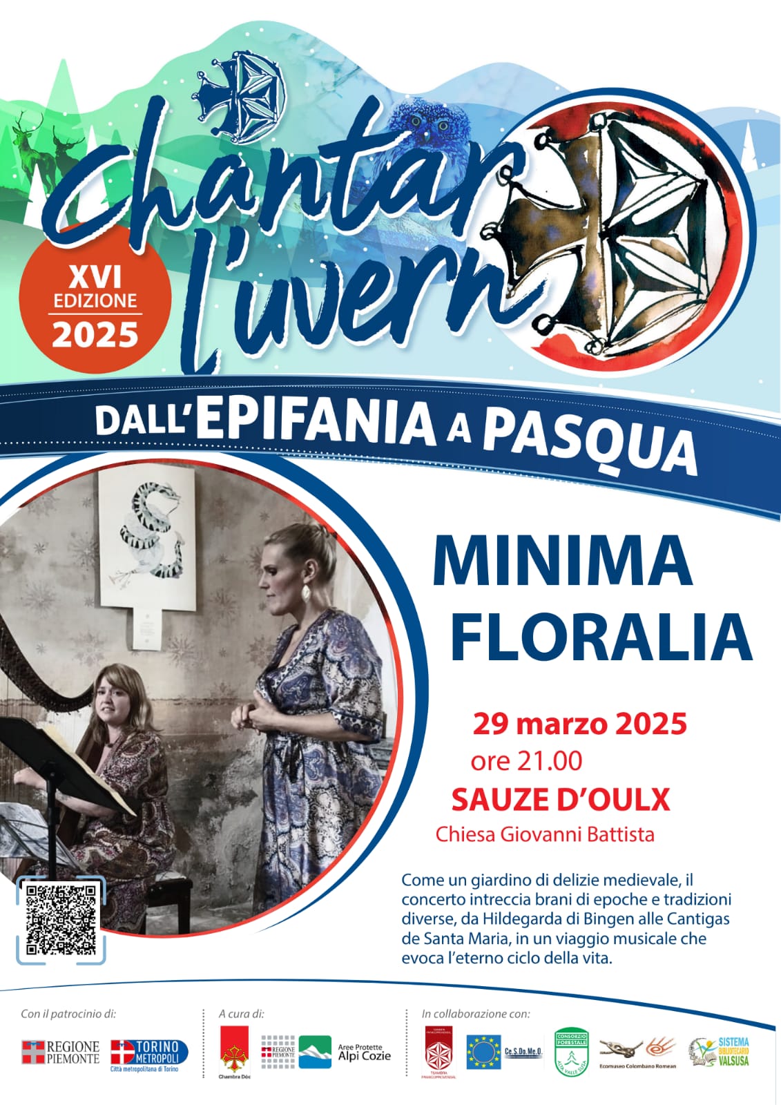 Locandina dell'evento con due donne di cui una suona l'arpa