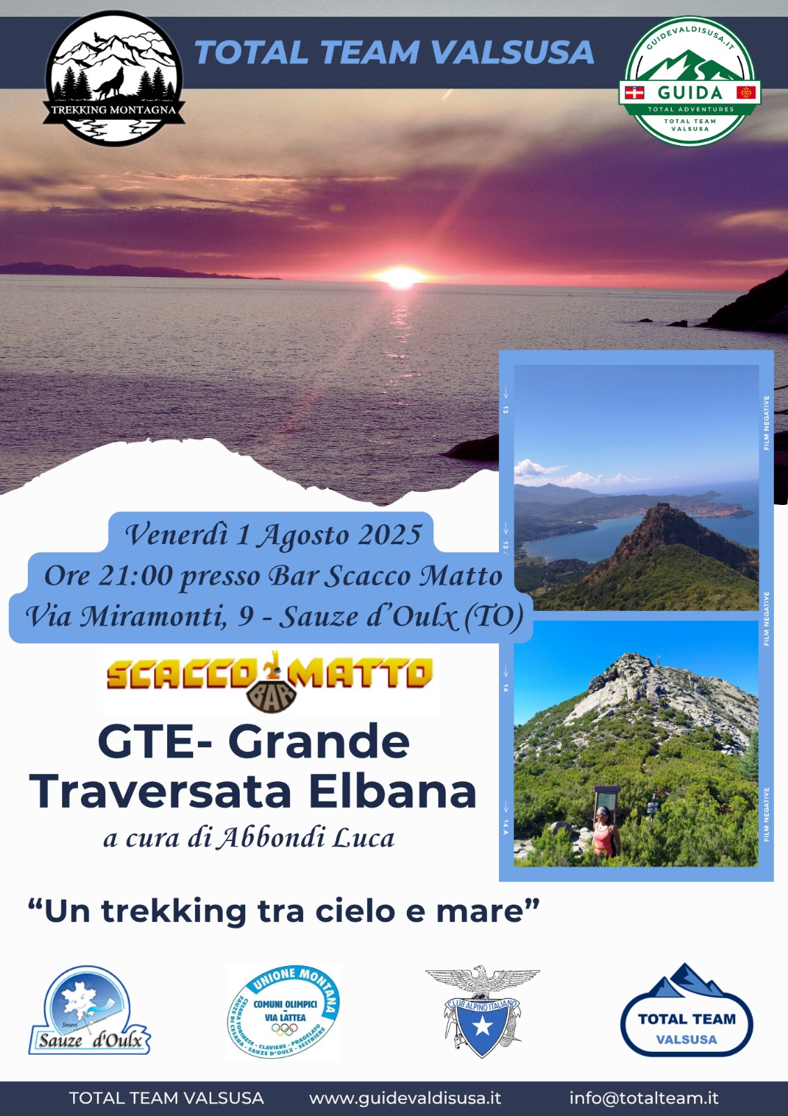 Locandina con un'alba sul mare sullo sfondo e le informazioni sull'evento che si terrà venerdì 01 agosto