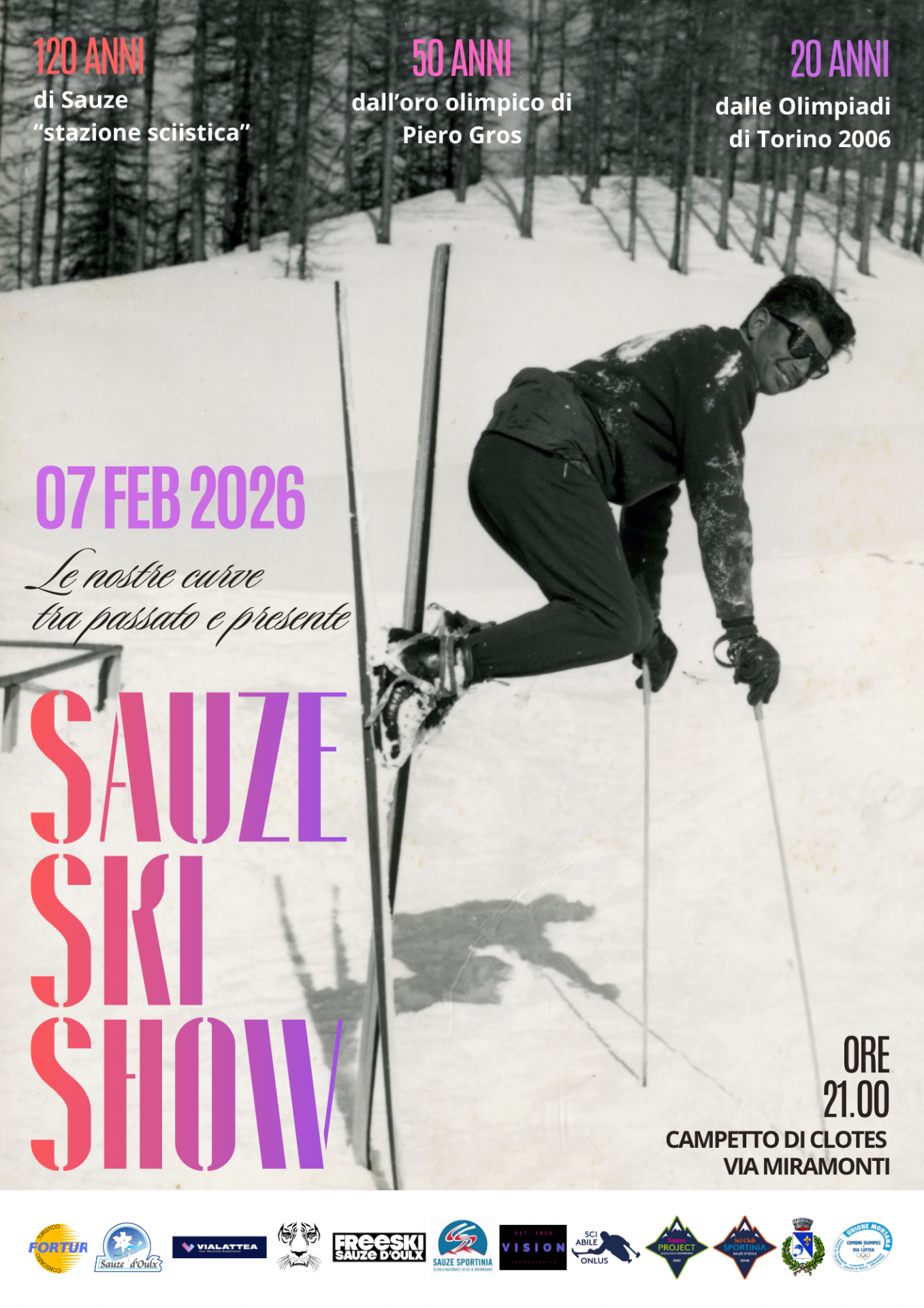 Locandina con foto d'epoca con sciatore sulle punte degli sci e informazioni