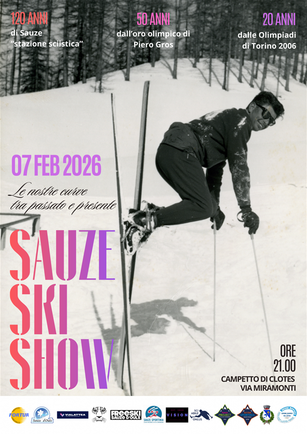 Locandina con foto d'epoca con sciatore sulle punte degli sci e informazioni